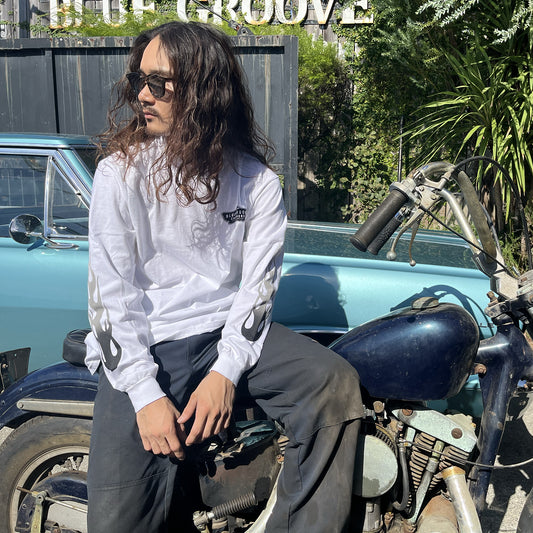 "BG Shop Tee / Flames" '58 Panhead Chopper L/S Tshirts - White
