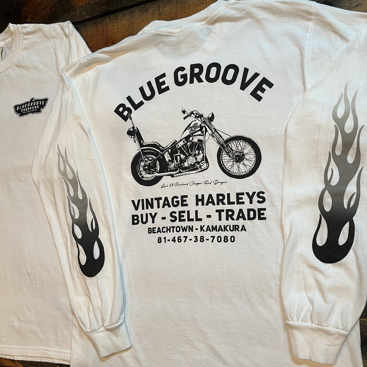 "BG SHOP TEE / FLAMES" '58 PANHEAD CHOPPER L/S T-SHIRTS - WHITE