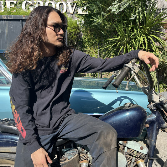 "BG Shop Tee / Flames" '47 Knucklehead Chopper L/S Tshirts - Black